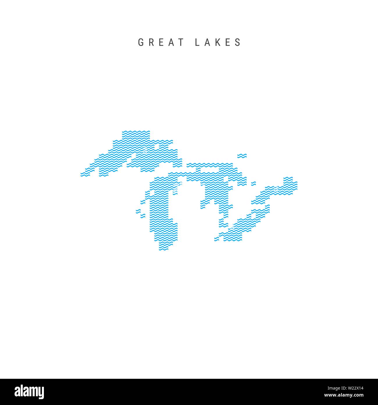 Vector Blue Wave Pattern Map of All the Great Lakes of North America. Wavy Line Pattern Silhouette of the 5 Great Lakes. Stock Vector