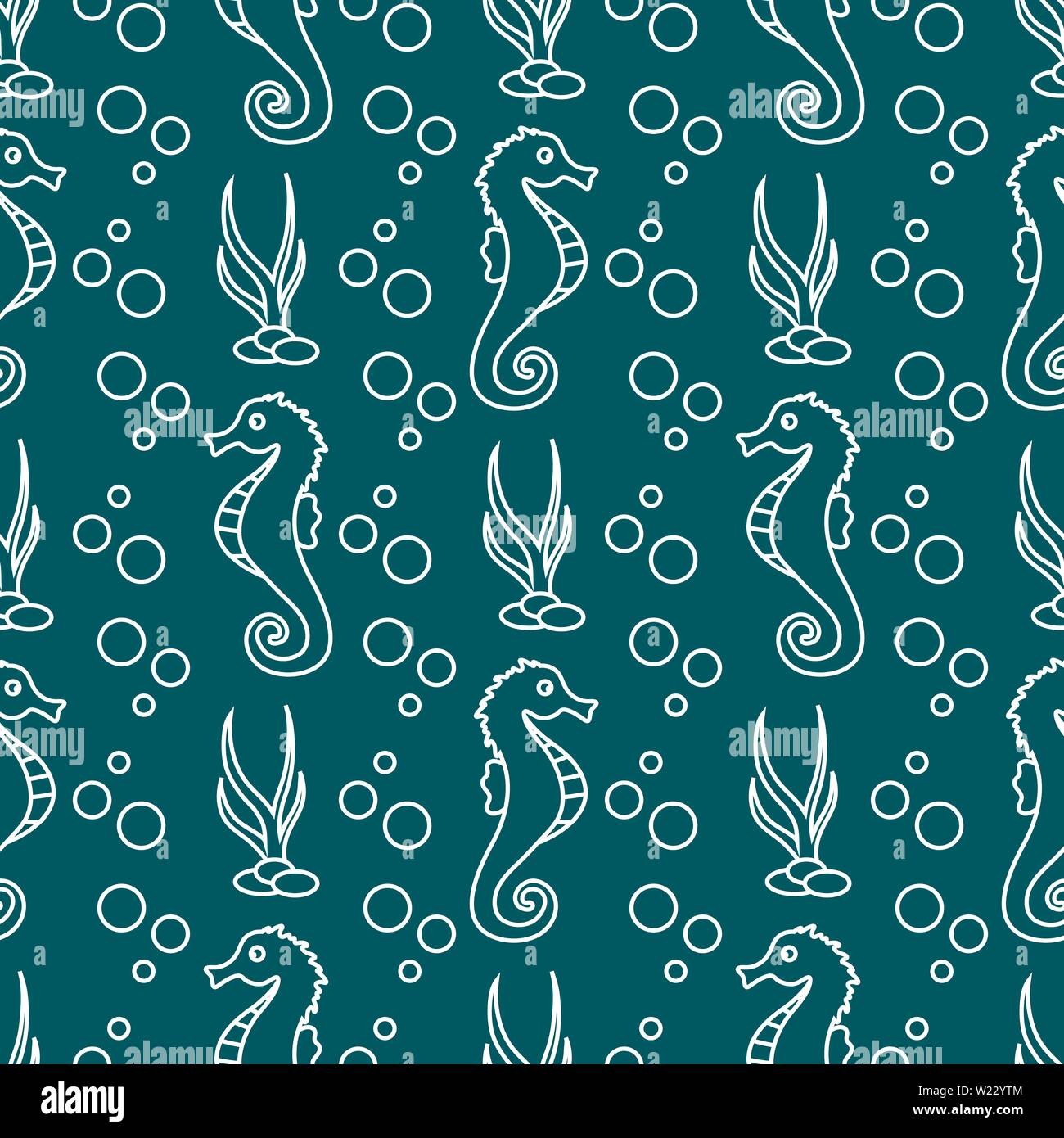 Vector seamless pattern with sea horses, underwater plants and bubbles ...