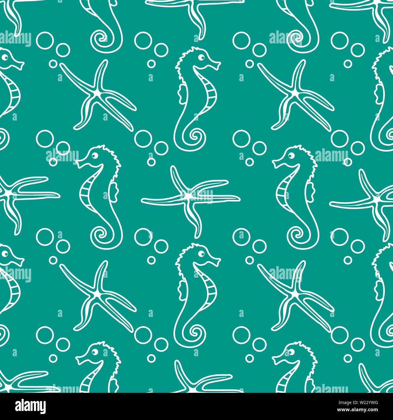 Vector seamless pattern with sea horses, starfish and bubbles. Marine ...