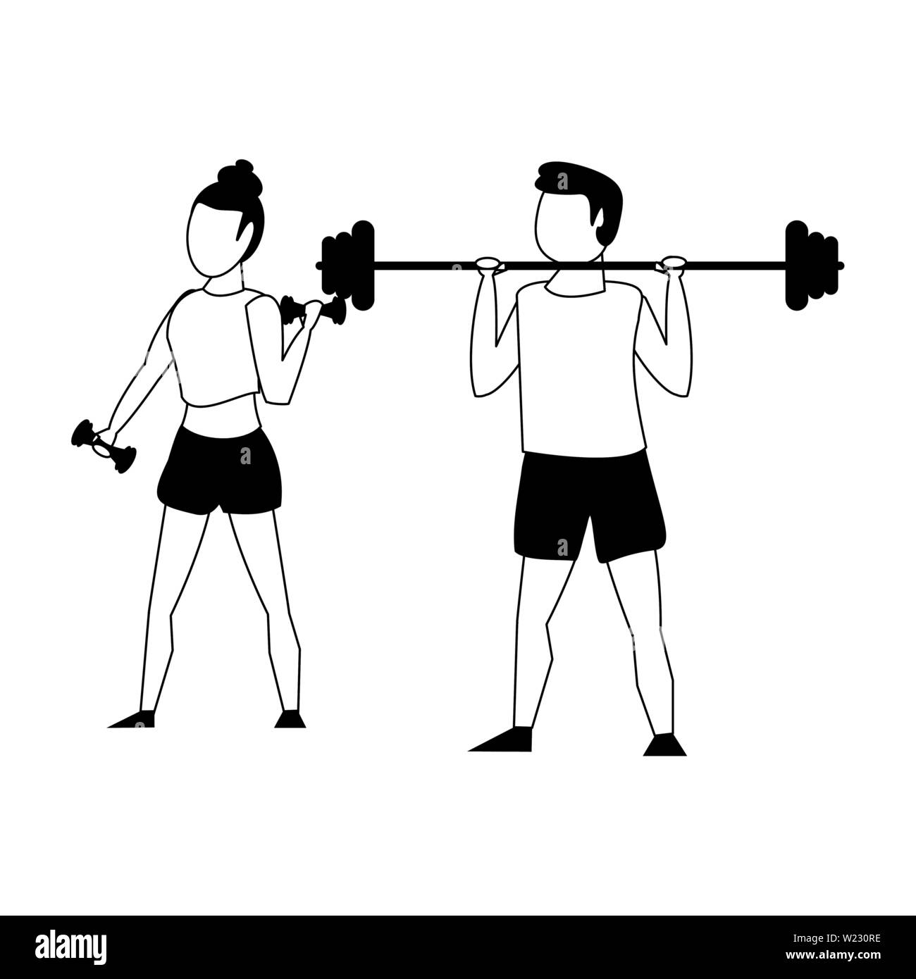 Couple training sports cartoons isolated in black and white Stock Vector