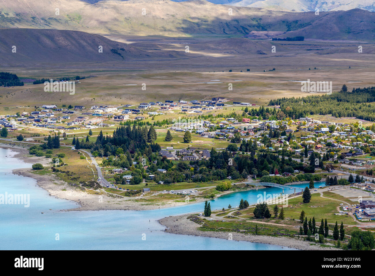 Lake Tekapo Town and Lake Tekapo, Canterbury Region, South Island, New Zealand Stock Photo