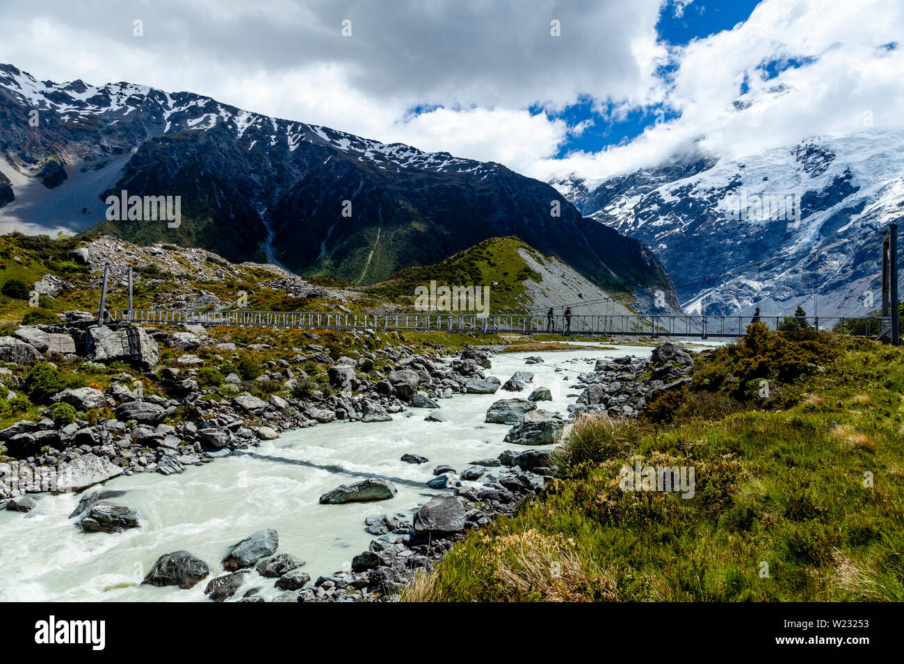 Walkers Cross A Suspension Bridge On The Hooker Valley Track, Aoraki/Mt