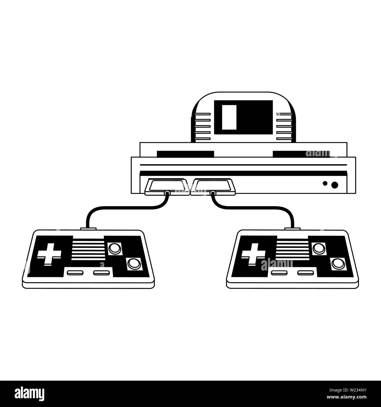 Retro videogame console and gamepads in black and white Stock Vector ...
