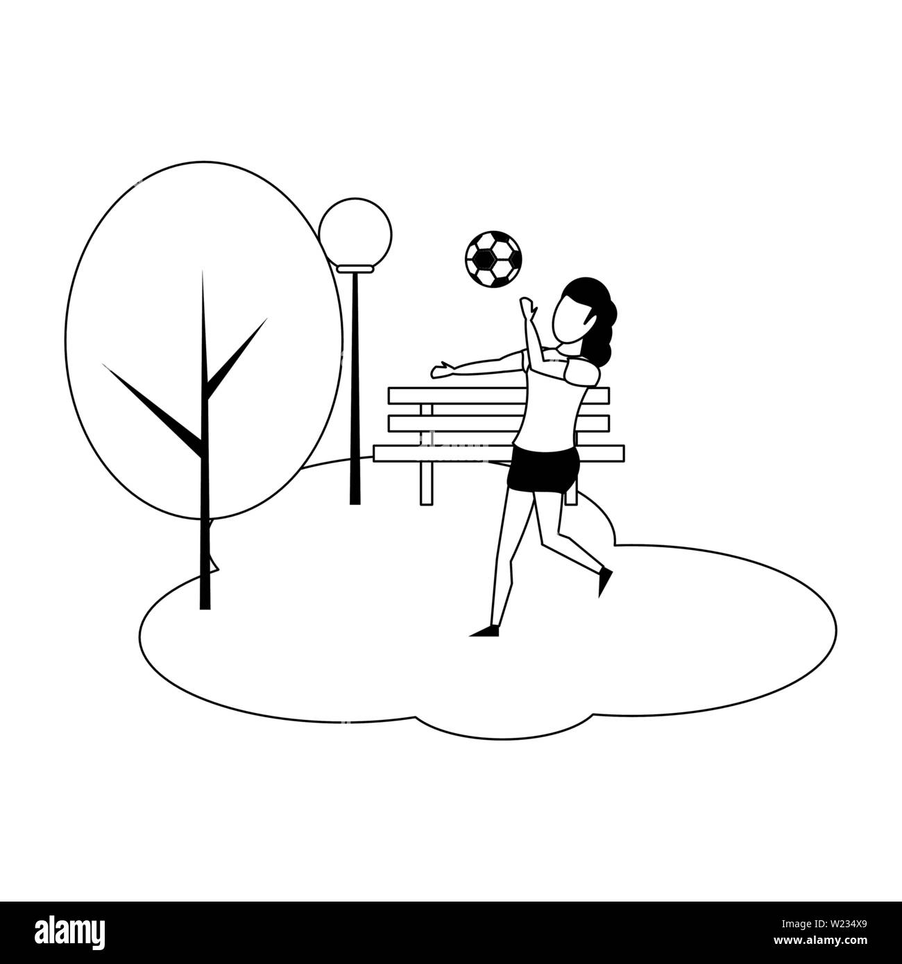 Woman playing with soccer ball at park in black and white Stock Vector ...