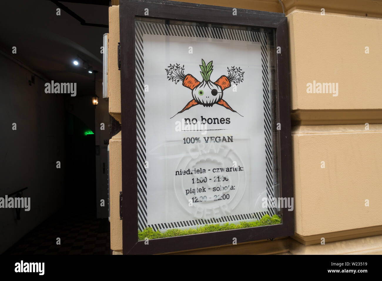 Vegan Restaurant sign in Krakow, Poland, Europe. Stock Photo