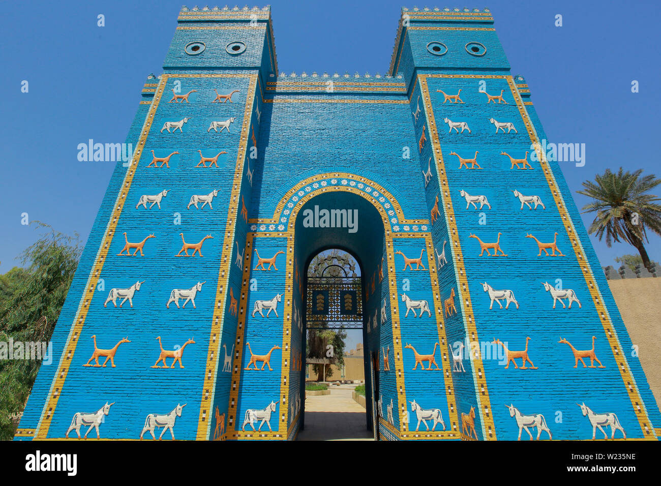 Hillah, Iraq. 05th July, 2019. A general view of a replica of Ishtar Gate at the site of Babylon, a kingdom in ancient Mesopotamia, now located in modern day city of Hillah. The site of Babylon has been selected to be inscribed as a UNESCO World Heritage Site. Credit: Ameer Al Mohammedaw/dpa/Alamy Live News Stock Photo