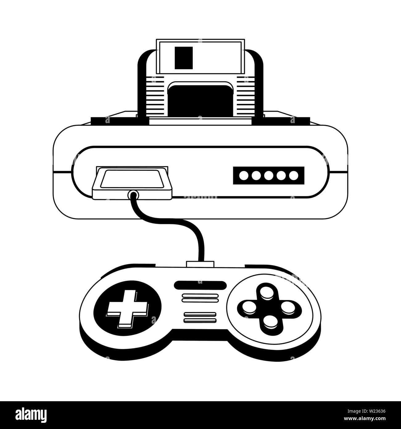 Retro videogame console and gamepads in black and white Stock Vector ...