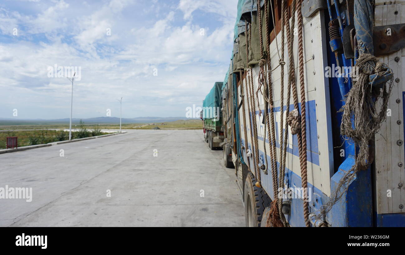 Long old truck at a road stop in rural Mongolia Stock Photo