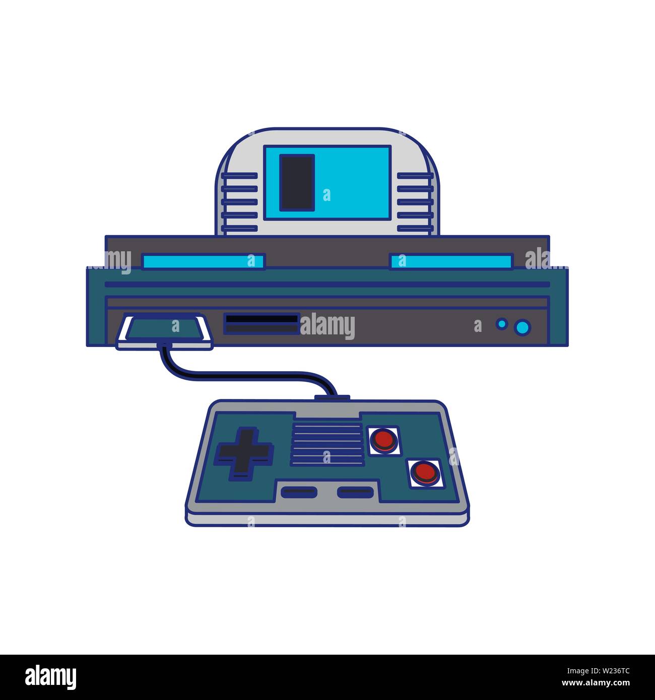 Retro videogame console and gamepads blue lines Stock Vector Image ...