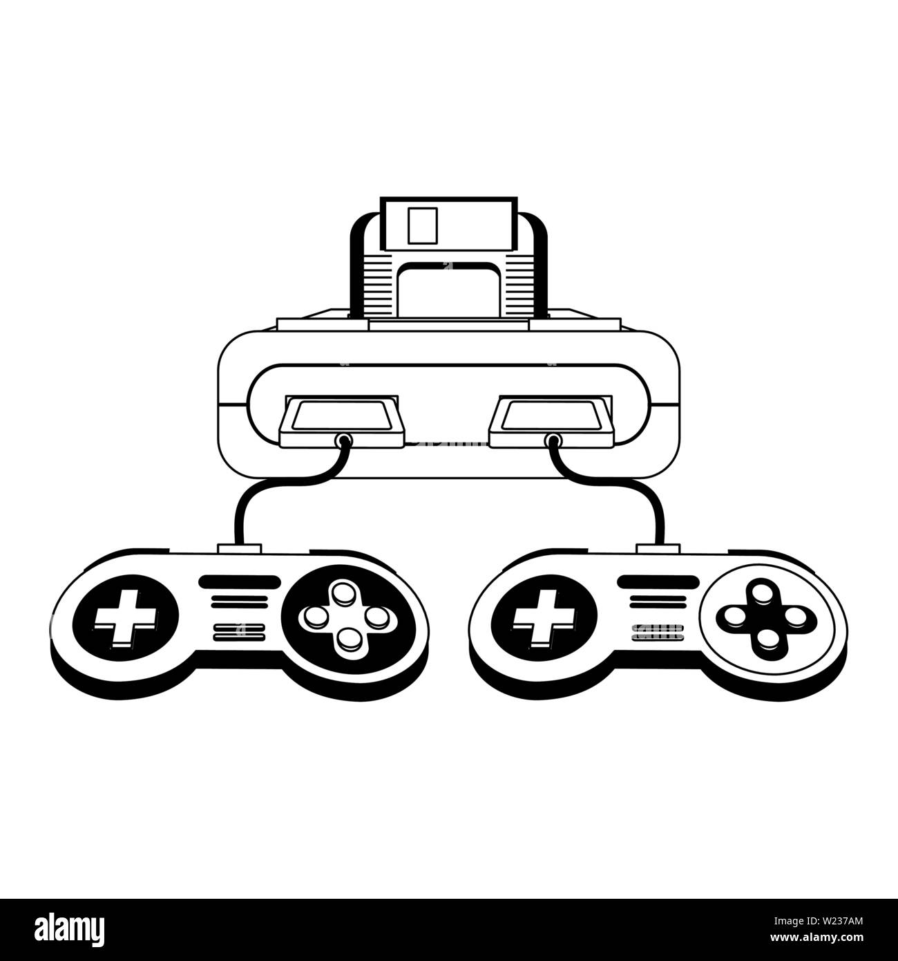 Retro videogame console and gamepads in black and white Stock Vector ...