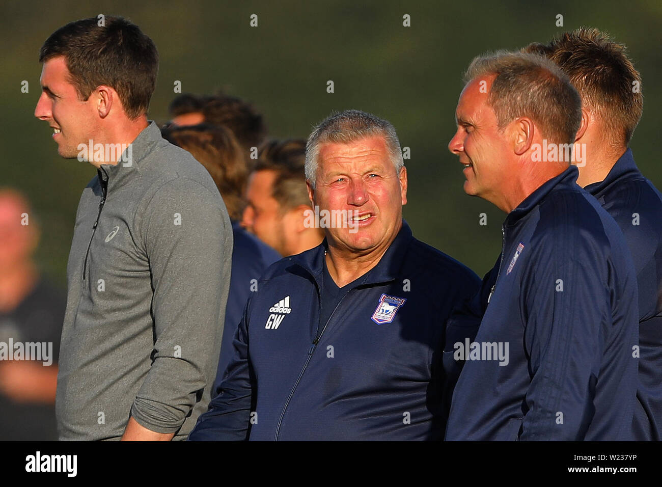 Ipswich Town coaches (from left to right) Gerard Nash, Geraint Williams and Bryan Klug - Southwold Town v Ipswich Town U18's, Pre-Season Friendly, The Common, Southwold - 6th July 2018. Stock Photo