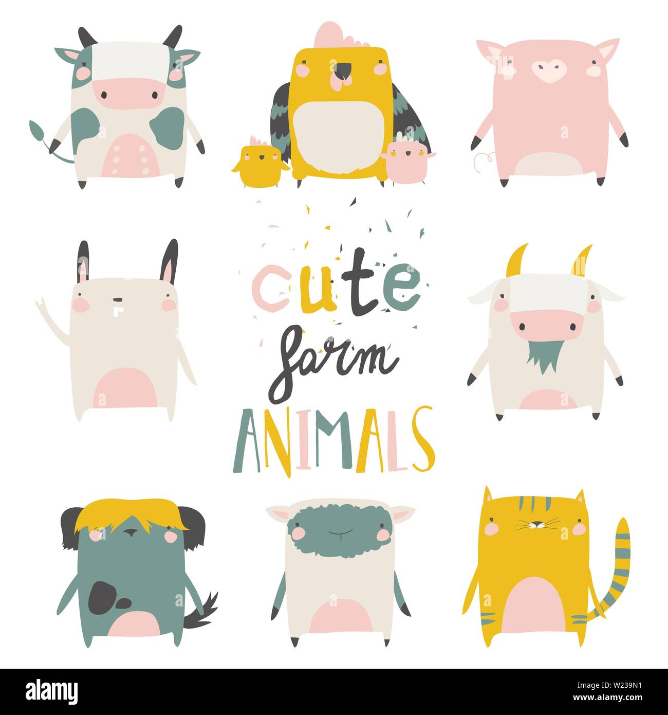 Cute farm animals set on white background. Vector illustration Stock Vector