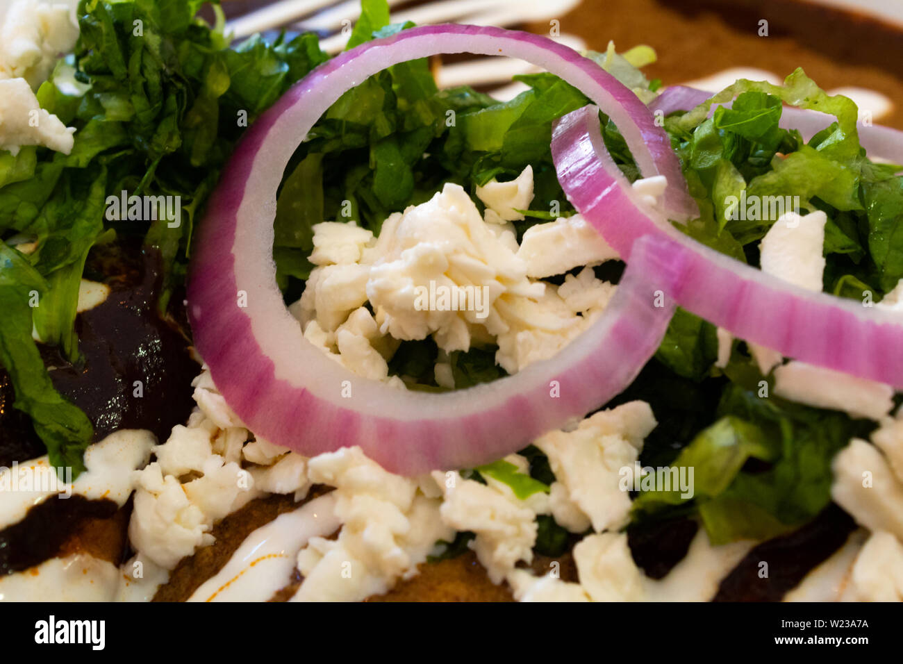 Close Up Of A Plate Delicious Mexican Enchiladas With Traditional