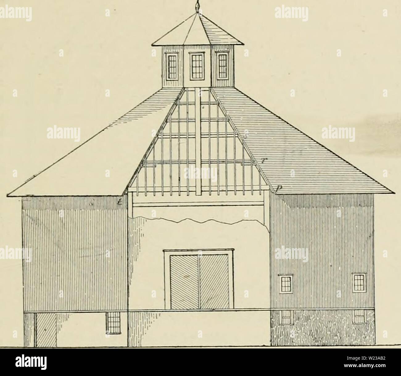 Archive image from page 148 of Dairy farming  being the. Dairy farming : being the theory, practice, and methods of dairying  dairyfarmingbein00shel Year: 1880  AN AMERICAN OCTAGON BARN. room at the roar, sixteen horse-stalls may he ar- rann-ed ou south-west, south, and south-east sides. But for 200-aere farms, generally, no more than forty head of cattle and six horses would be kept, and for such our g-round-plan would he most con- venient, because it furnishes easy access with a cart, both for supplying fodder and carrying away the manure. Ou our plan we have much space on the north, north-w Stock Photo