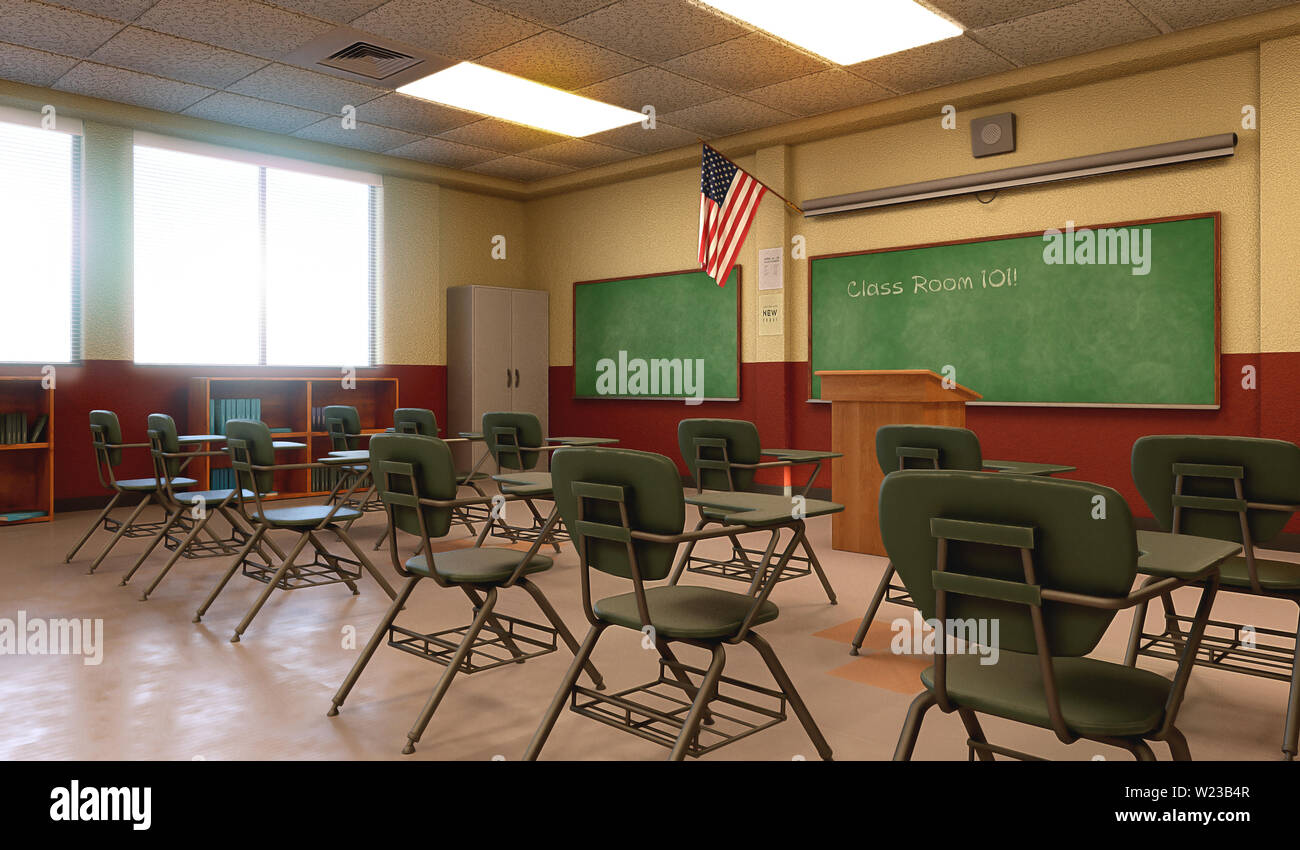 Detailed, empty and unique educational classroom environment of an American school, college or university, desk and chair combos, chalkboard, 3d rende Stock Photo