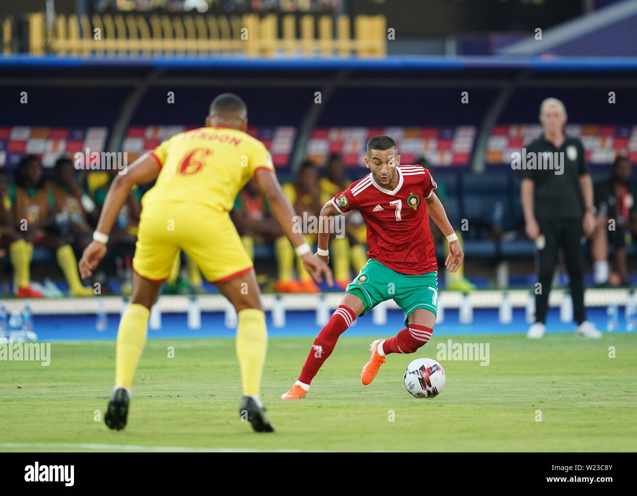 FRANCE OUT July 5, 2019: Hakim Ziyach of Morocco dribbling during the 2019 African Cup of Nations match between Marocco and Benin at the Al Salam Stadium in Cairo, Egypt. Ulrik Pedersen/CSM. Stock Photo