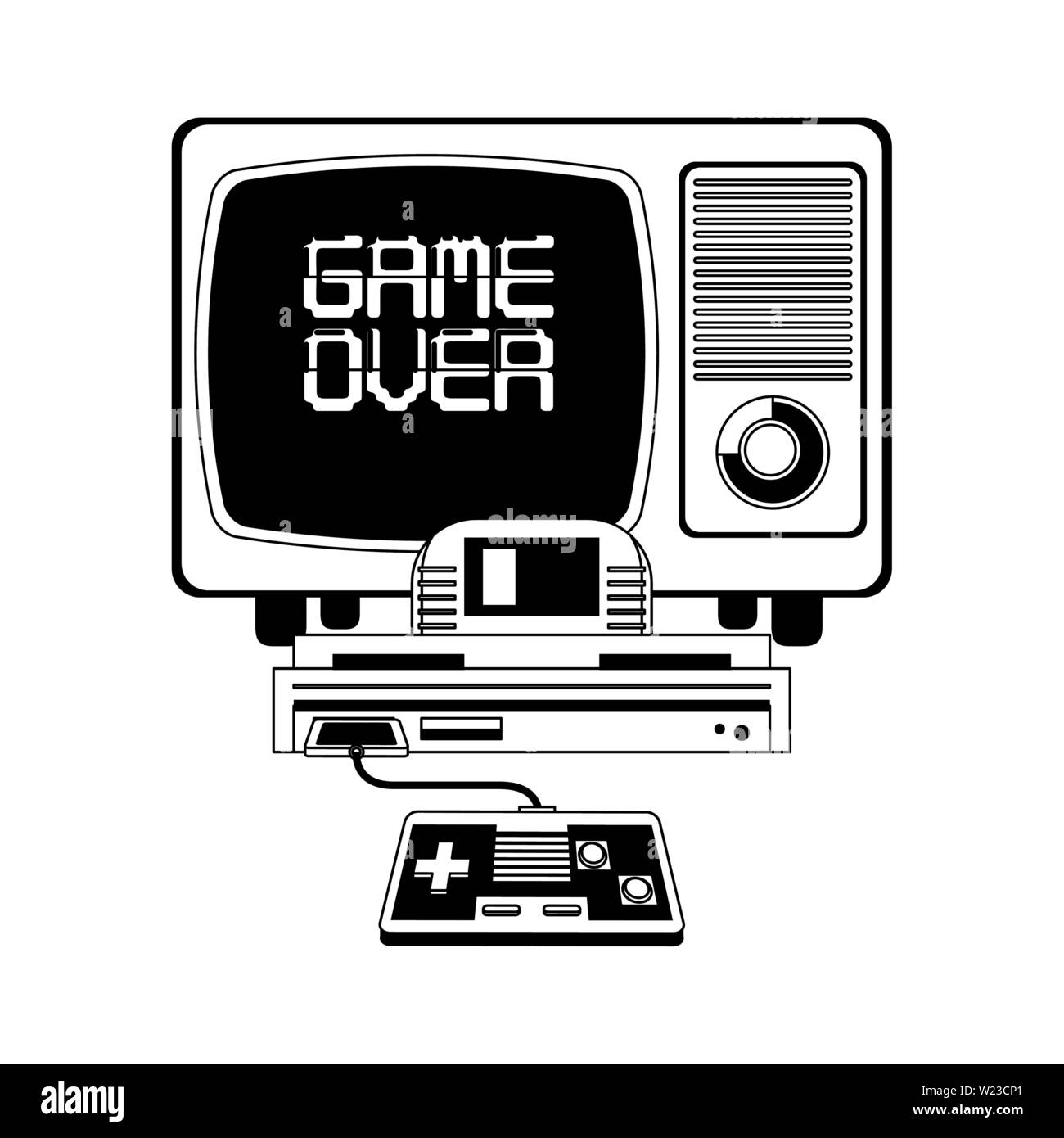 Retro videogame console and gamepads in black and white Stock Vector ...