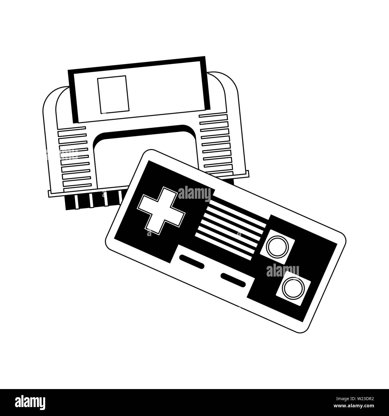 Retro videogame console and gamepads in black and white Stock Vector ...
