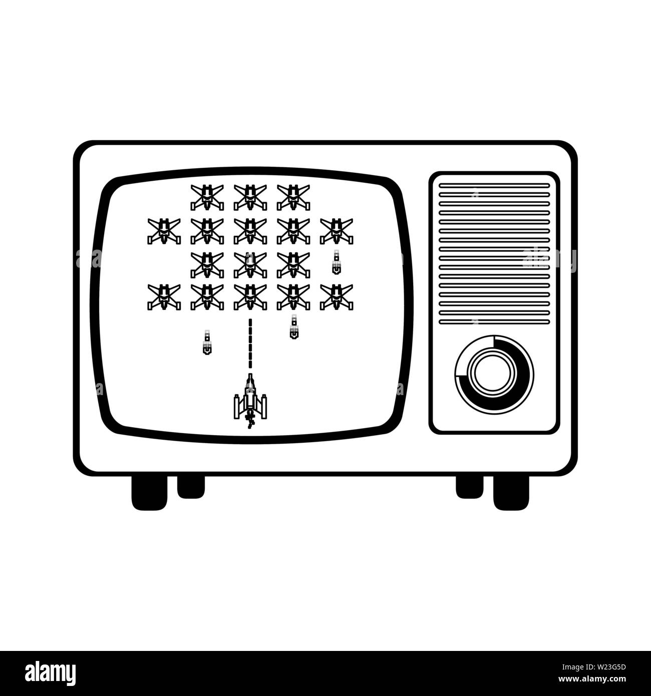 Retro videogame on television screen in black and white Stock Vector