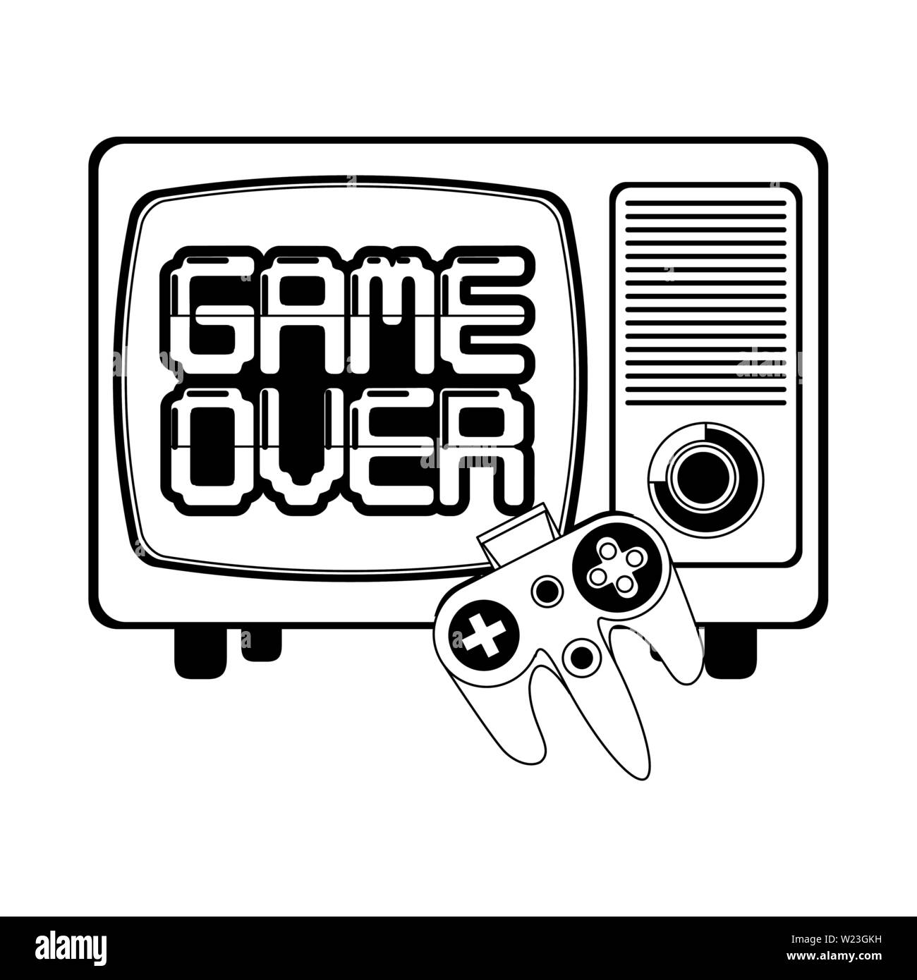 Retro videogame console and gamepads in black and white Stock Vector ...