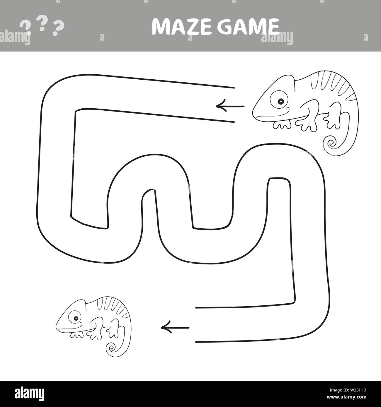 Chameleon Maze Game - help chameleon find his way out of the maze - coloring book Stock Vector