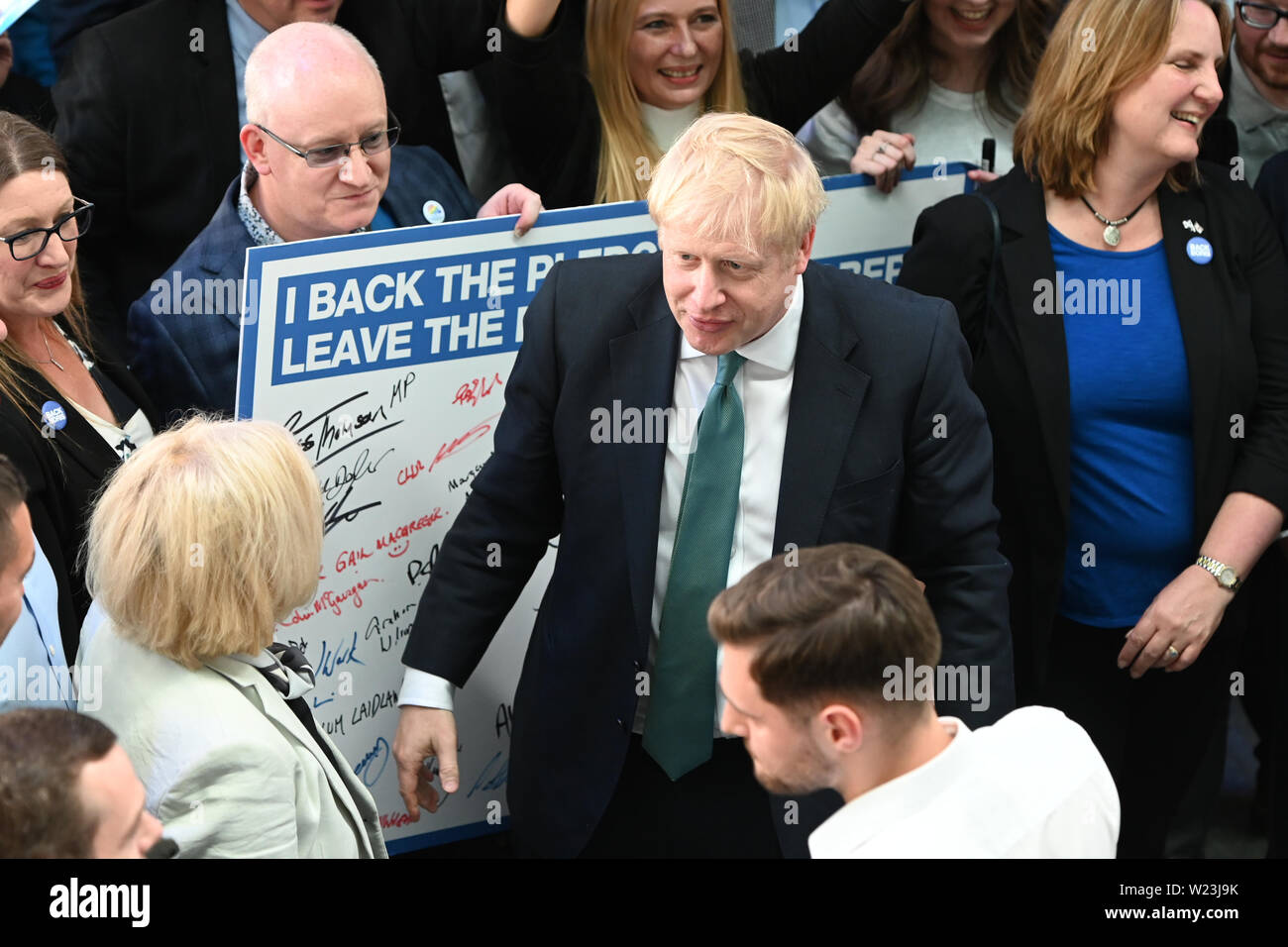Perth, Scotland, United Kingdom. 05th July, 2019. Conservative Party leadership contender Boris Johnson arrives at Perth Concert Hall to take part in one of a series of leadership election hustings for party members around the UK. Credit: Ken Jack/Alamy Live News Stock Photo