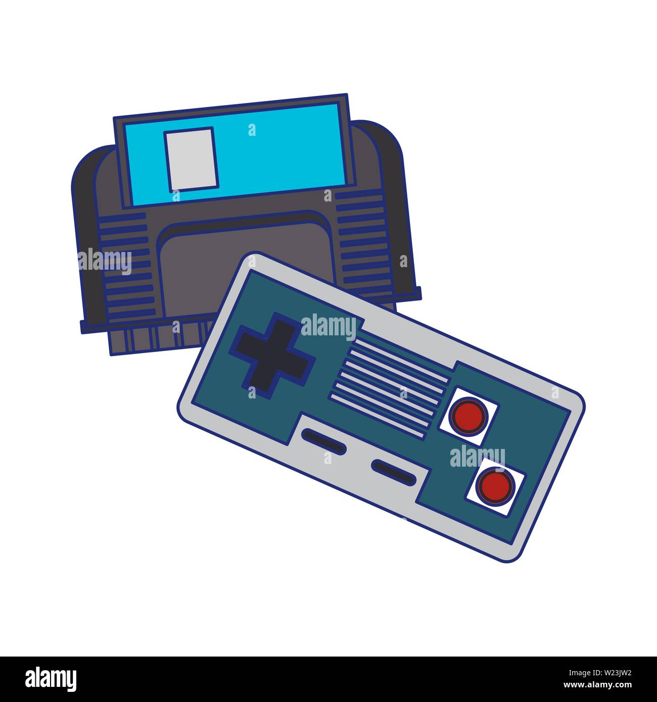 Retro videogame console and gamepads blue lines Stock Vector Image ...