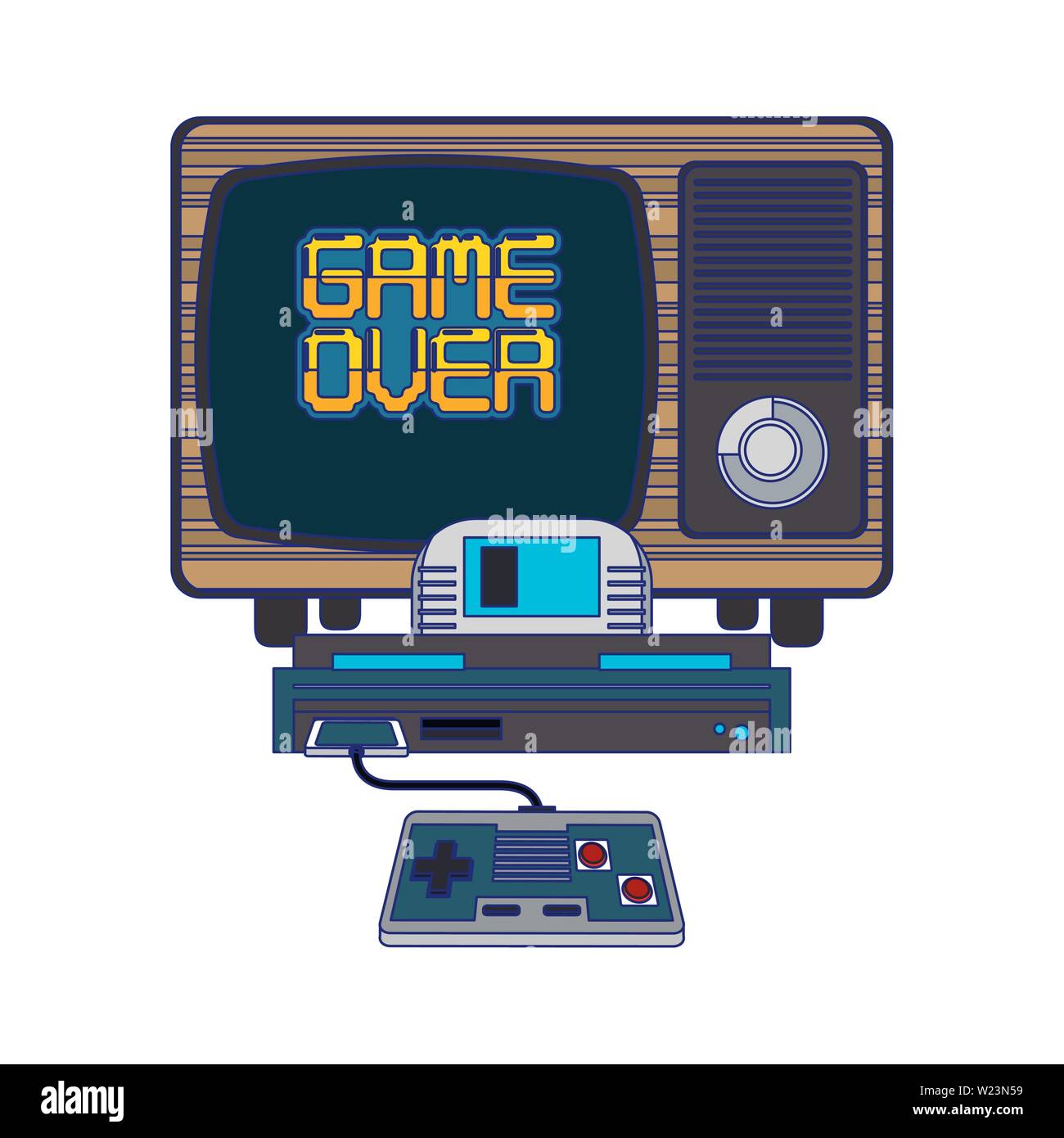 Retro videogame console and gamepads blue lines Stock Vector Image ...