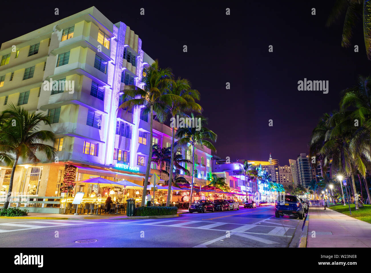 Night view of Street Ocean Drive, Art Deco Building and Hotels. Stock Photo