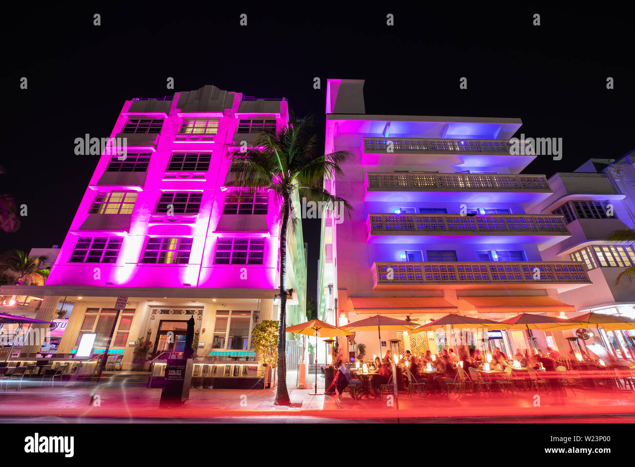 Night view of Street Ocean Drive, Art Deco Building and Hotels. Stock Photo