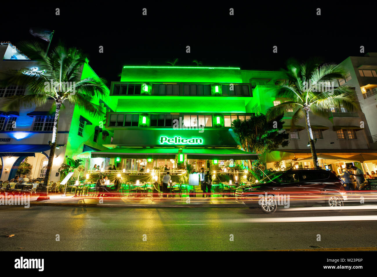 Night view of Street Ocean Drive, Art Deco Building and Hotels. Stock Photo