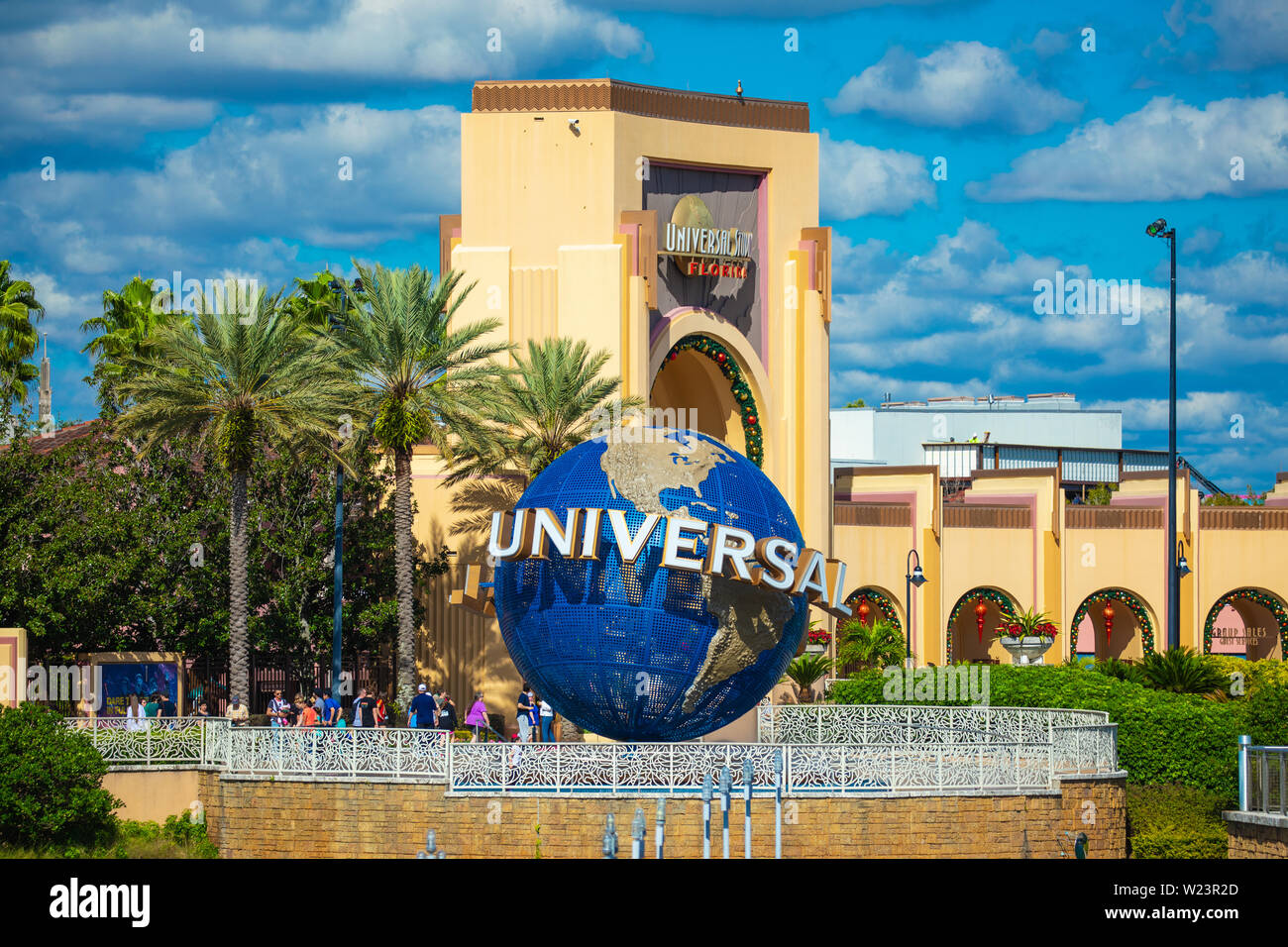 The famous Universal Globe at Universal Studios Florida theme park. Night view. Universal Walk. Florida. Orlando. USA. Stock Photo