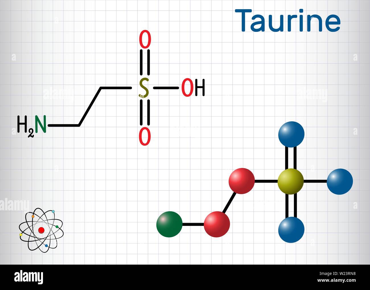 Taurine or 2aminoethanesulfonic acid molecule. It is sulfonic acid, is