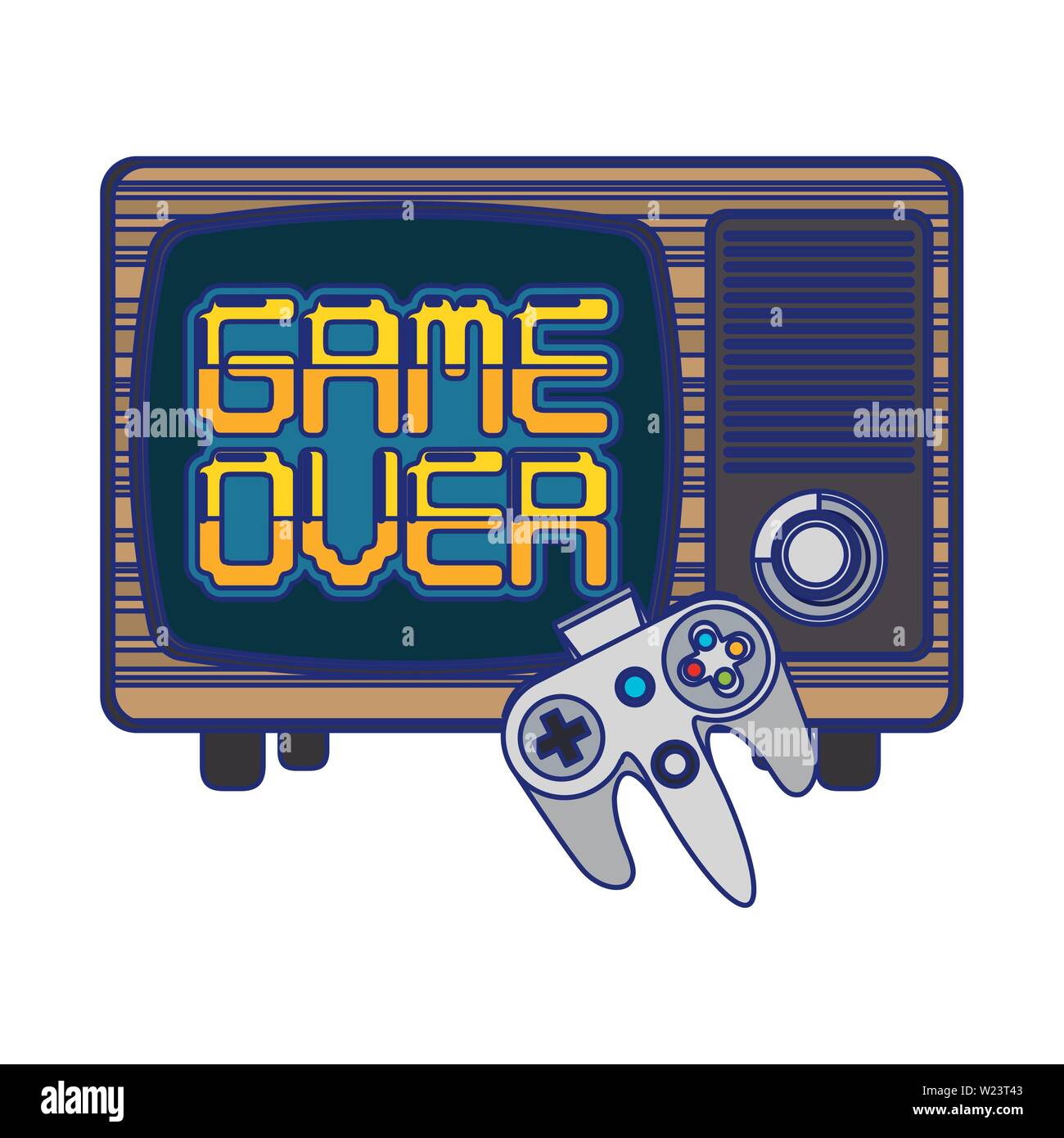 Retro videogame console and gamepads blue lines Stock Vector Image ...