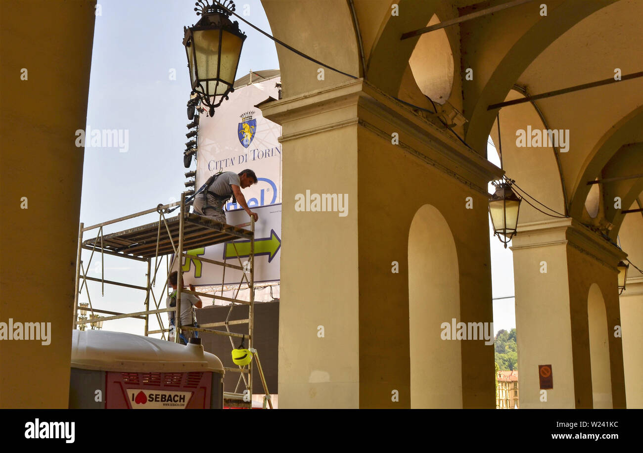 Turin, Piedmont, Italy. June 2019. Piazza Vittorio. Specific safety