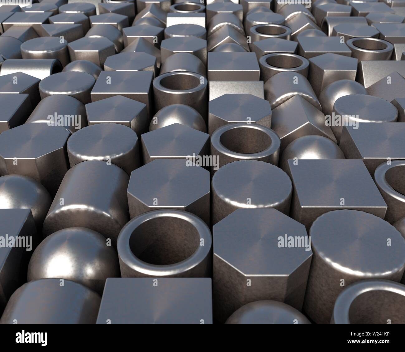 Large group of geometric objects made of metal, computer illustration. Stock Photo