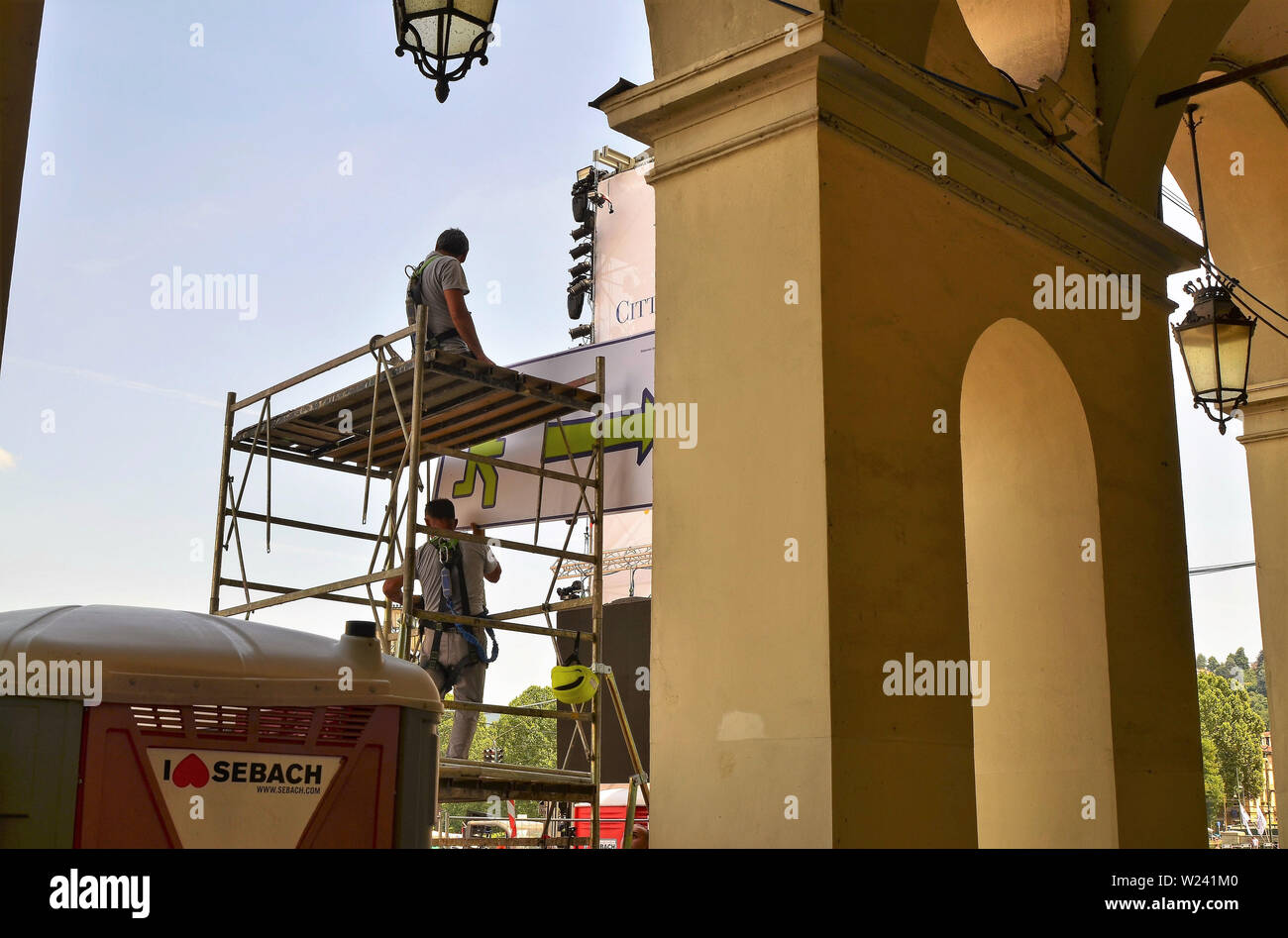 Turin, Piedmont, Italy. June 2019. Piazza Vittorio. Specific safety
