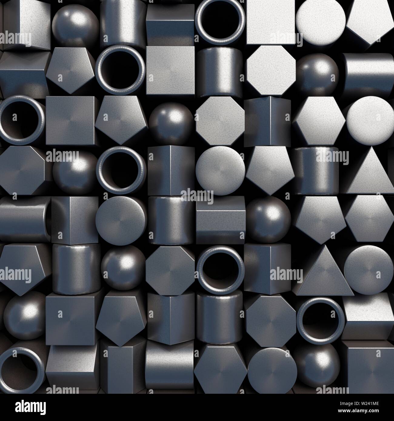 Large group of geometric objects made of metal, computer illustration. Stock Photo