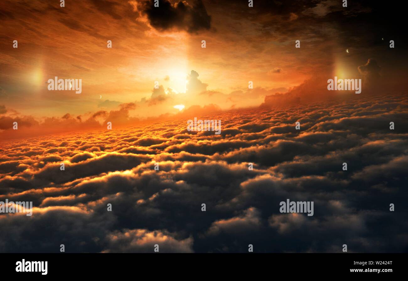 Illustration of the cloud tops of Jupiter, the Solar System's largest planet. The view is towards the Sun, with the four large Galilean moons to eithe Stock Photo