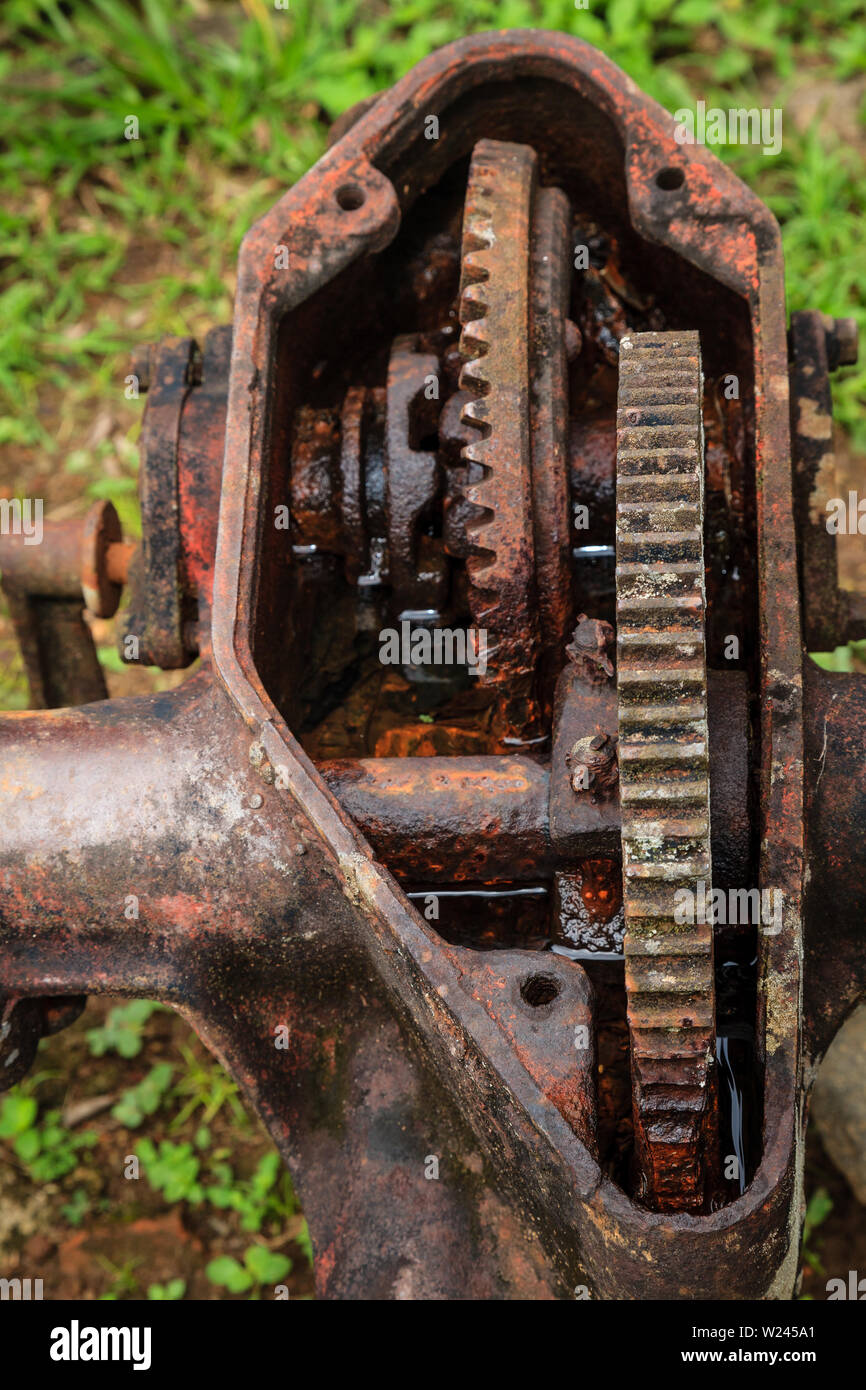 Close-up image of an old open rusted gearbox Stock Photo
