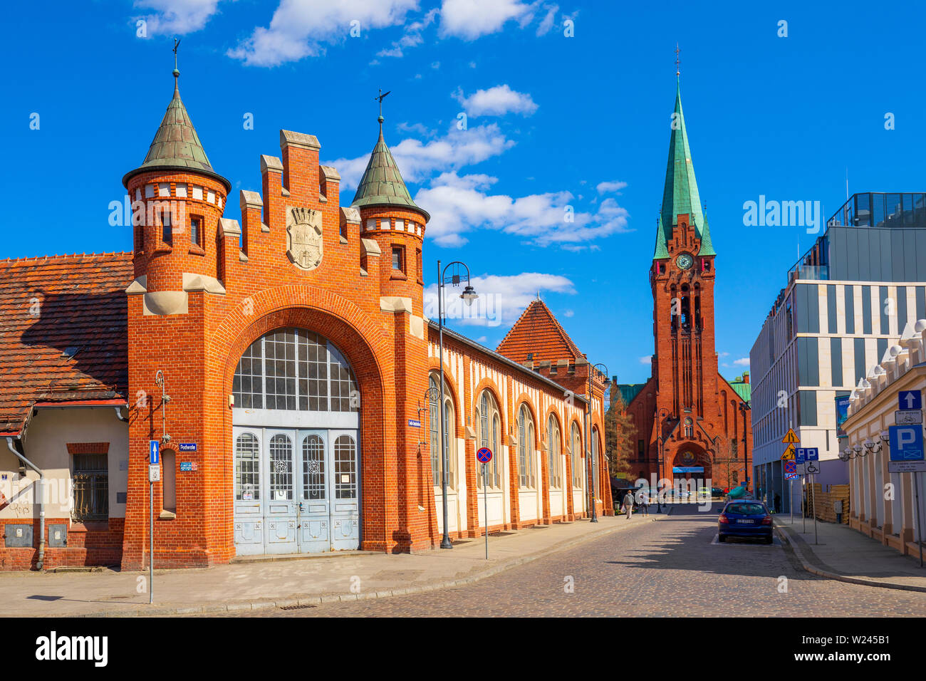 Bydgoszcz, Kujavian-Pomeranian / Poland - 2019/04/01: Front view of the historic Municipal Market Hall building at the Magdzinskiego street with the S Stock Photo