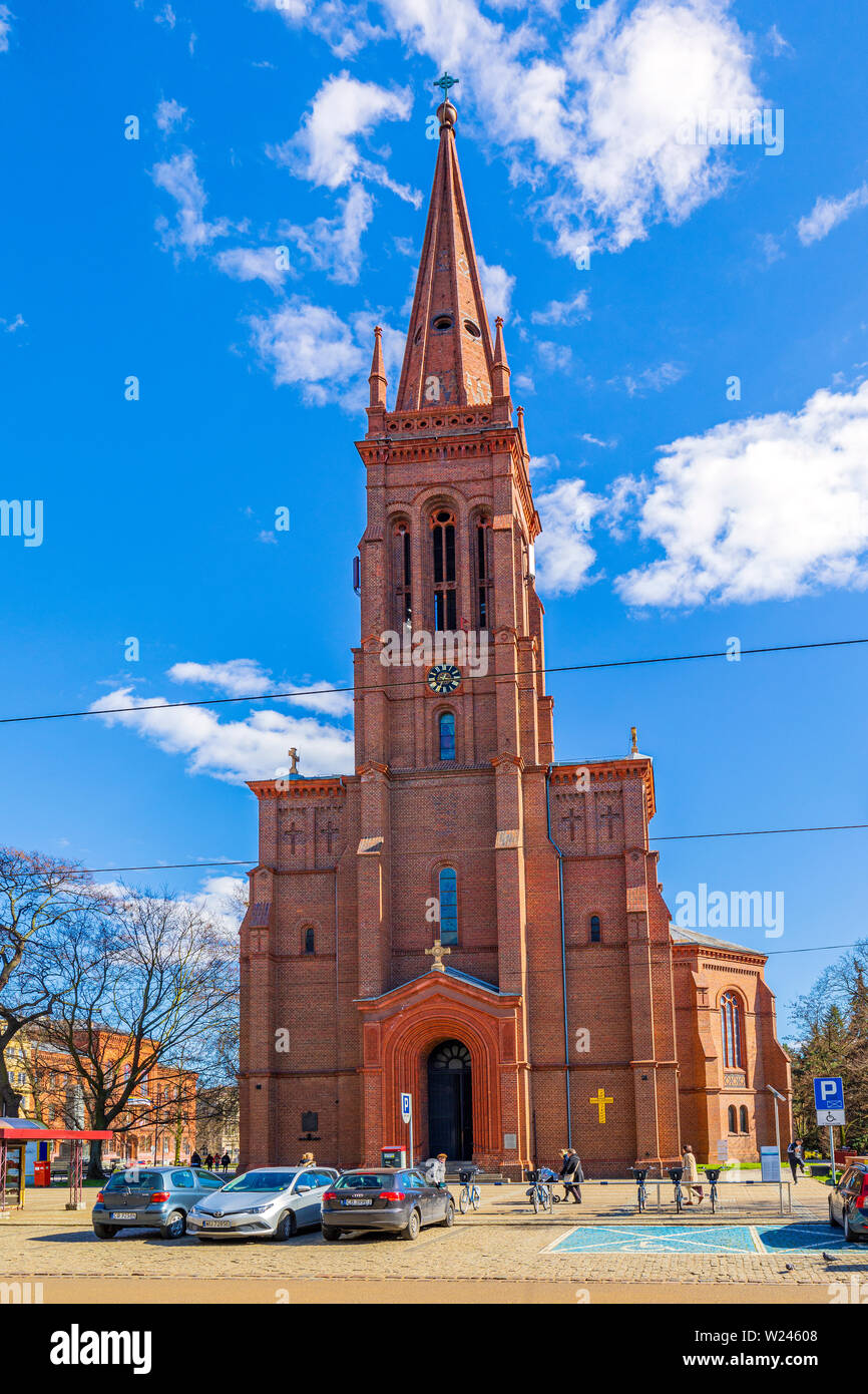 Bydgoszcz, Kujavian-Pomeranian / Poland - 2019/04/01: Front view of the St. Peter and St. Paul Church at the Gdanska street in the historic old town Stock Photo