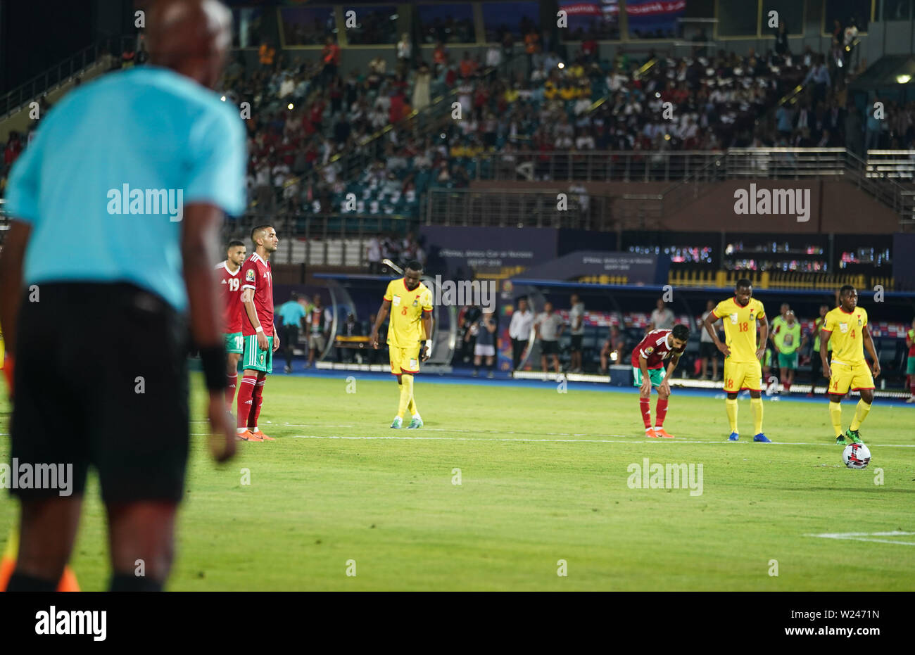 FRANCE OUT July 5, 2019: Hakim Ziyach of Morocco preparing to take the penalty during the 2019 African Cup of Nations match between Marocco and Benin at the Al Salam Stadium in Cairo, Egypt. Ulrik Pedersen/CSM. Stock Photo
