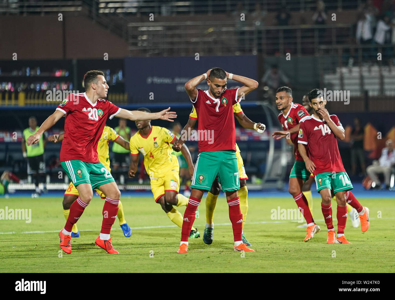 FRANCE OUT July 5, 2019: Hakim Ziyach of Morocco after missing the penalty during the 2019 African Cup of Nations match between Marocco and Benin at the Al Salam Stadium in Cairo, Egypt. Ulrik Pedersen/CSM. Stock Photo