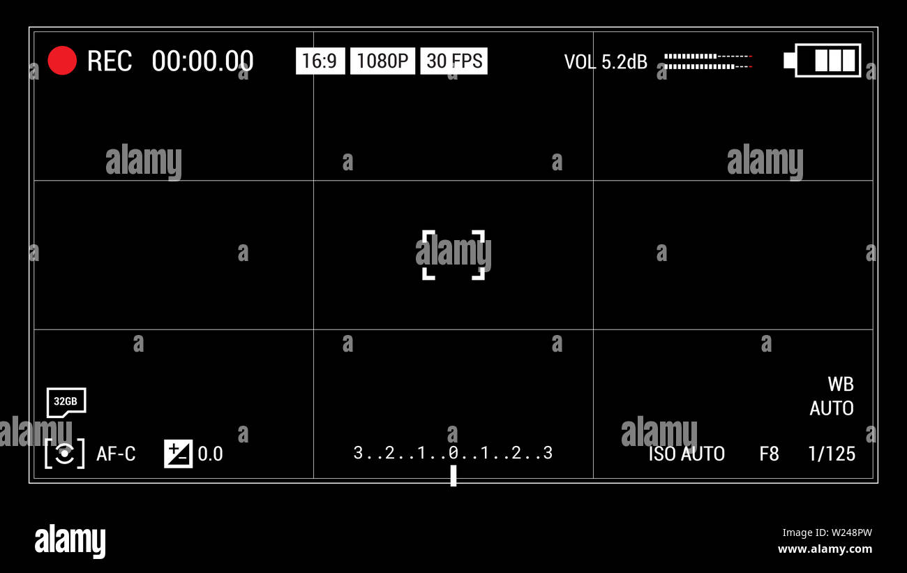 Camera viewfinder black background. Widescreen illustration. UI