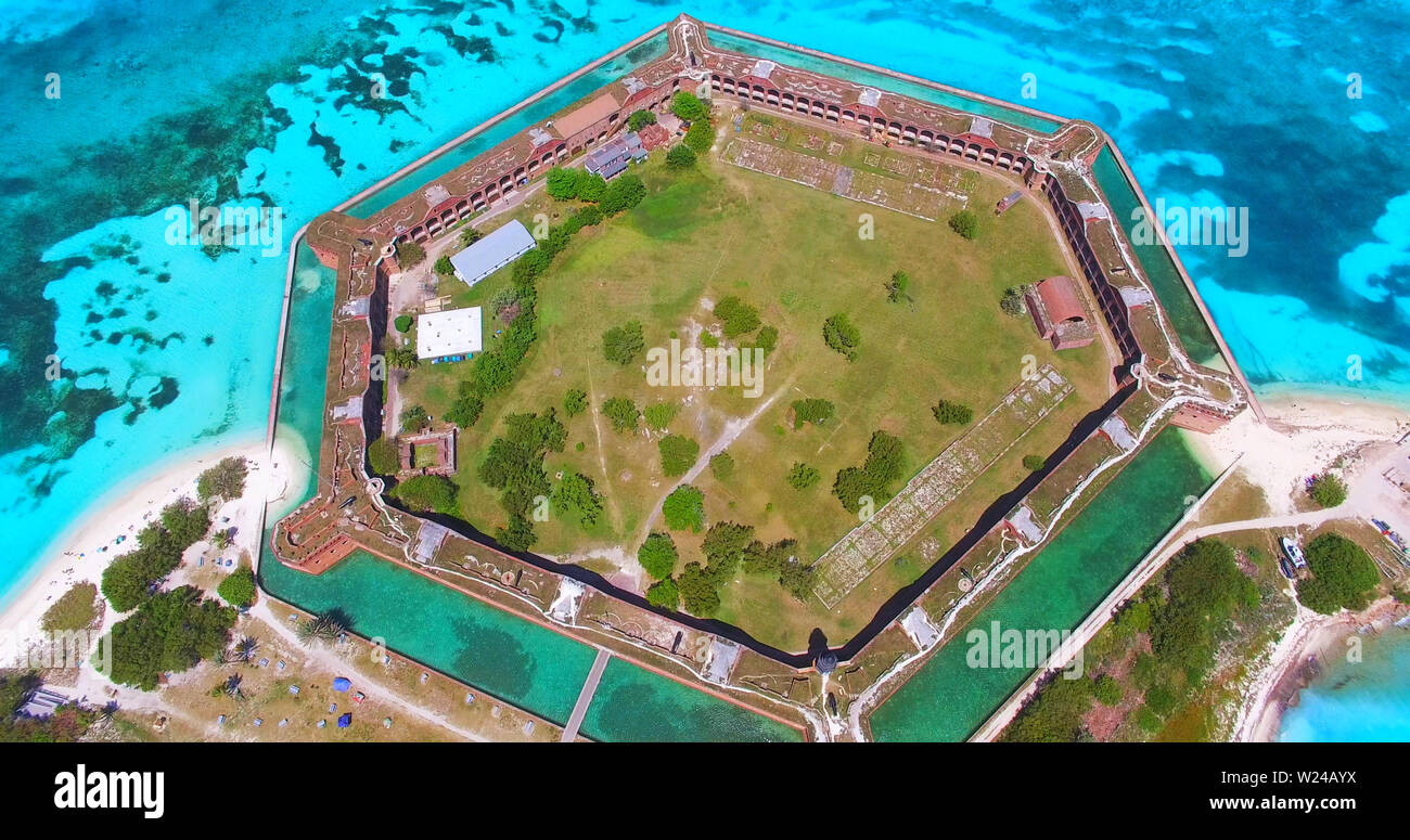 Dry Tortugas National Park. Florida. Fort Jefferson. USA. Aerial view. Yankee freedom ferry. Stock Photo