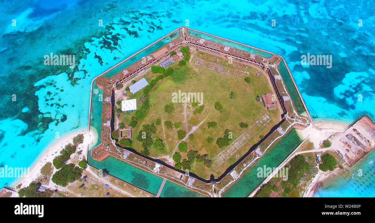 Dry Tortugas National Park. Florida. Fort Jefferson. USA. Aerial view. Yankee freedom ferry. Stock Photo