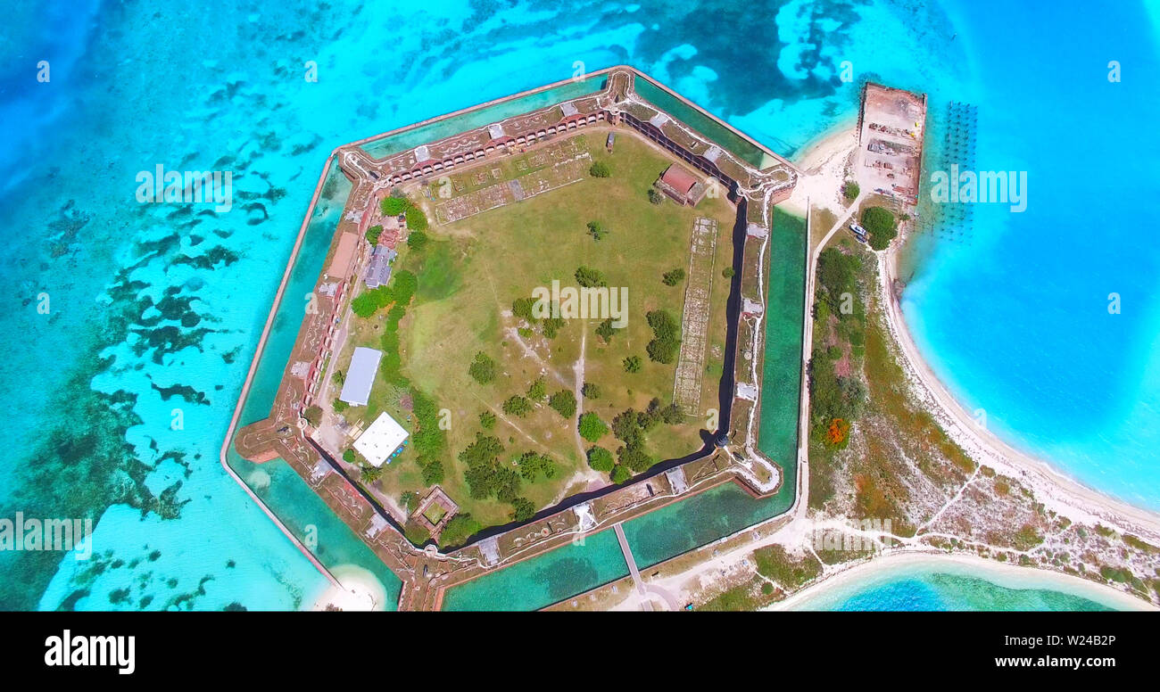 Dry Tortugas National Park. Florida. Fort Jefferson. USA. Aerial view. Yankee freedom ferry. Stock Photo