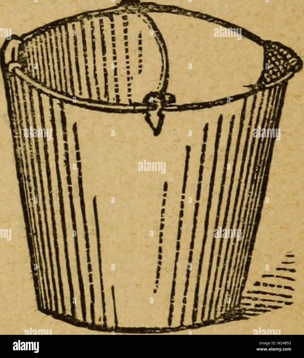 Archive image from page 224 of The dairyman's manual; a practical. The dairyman's manual; a practical treatise on the dairy  dairymansmanualp00stew Year: 1888  Fig. 26—A DAIRY PAIL. Fig. 27.—MILKING PAIL. of milking is as follows. The cows should be kept in a contented and quiet condition during the milking. Pre- viously, they should have been thoroughly cleaned by carding and brushing, and the stable floor should be made clean for the milkers. The milkers should be clean and their clothes free from dust. A quick brush with a broom-corn whisk will quickly remove any adhering matter from th.e c Stock Photo