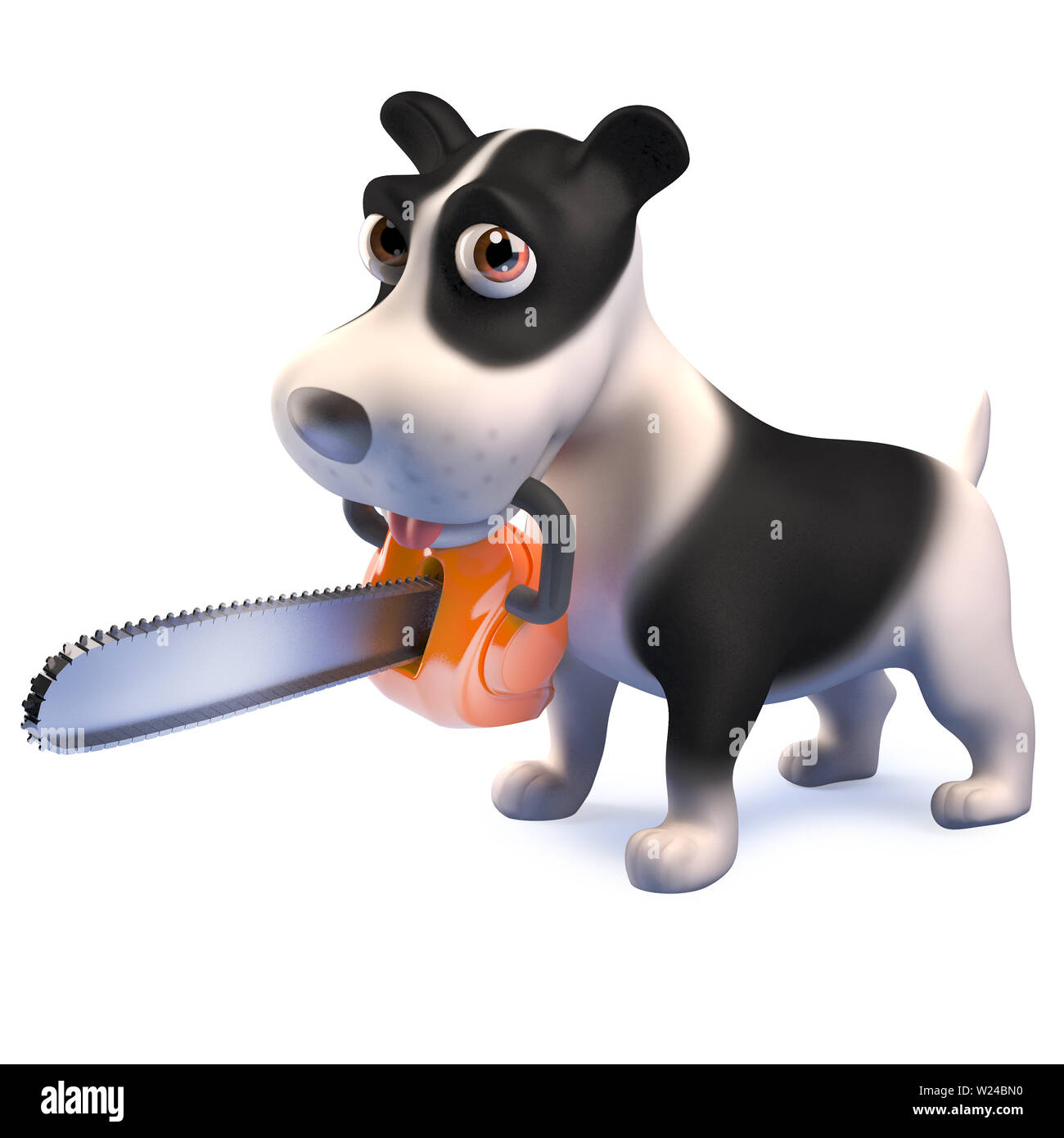 Rendered 3d image of a cartoon black and white puppy dog character holding  a chainsaw in its mouth Stock Photo - Alamy